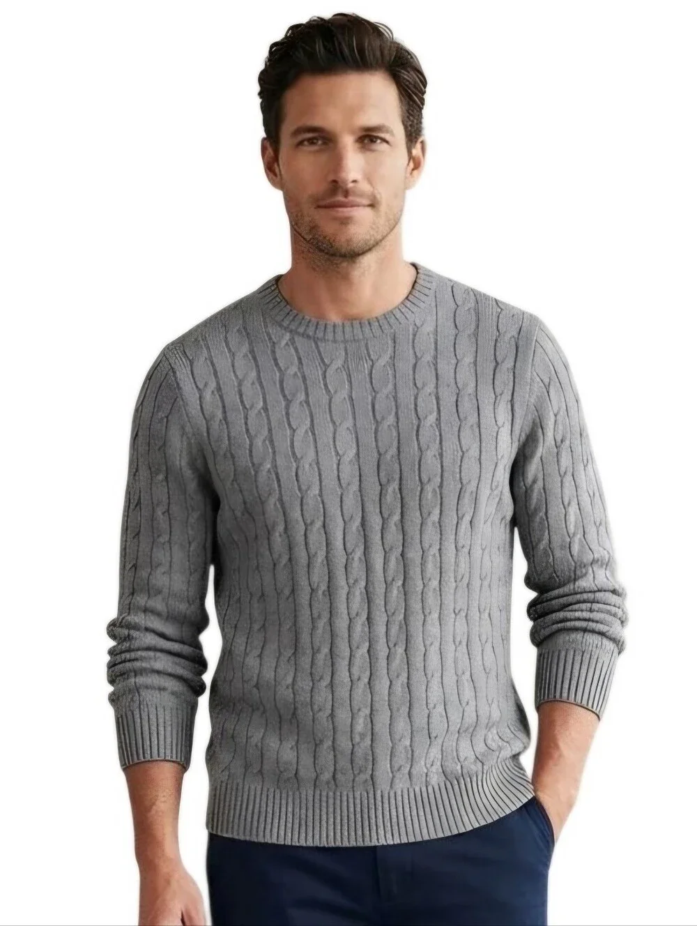 Lands' End Drifter Sweater Gray CableKnit 100% Cotton All Season Classic Size XL